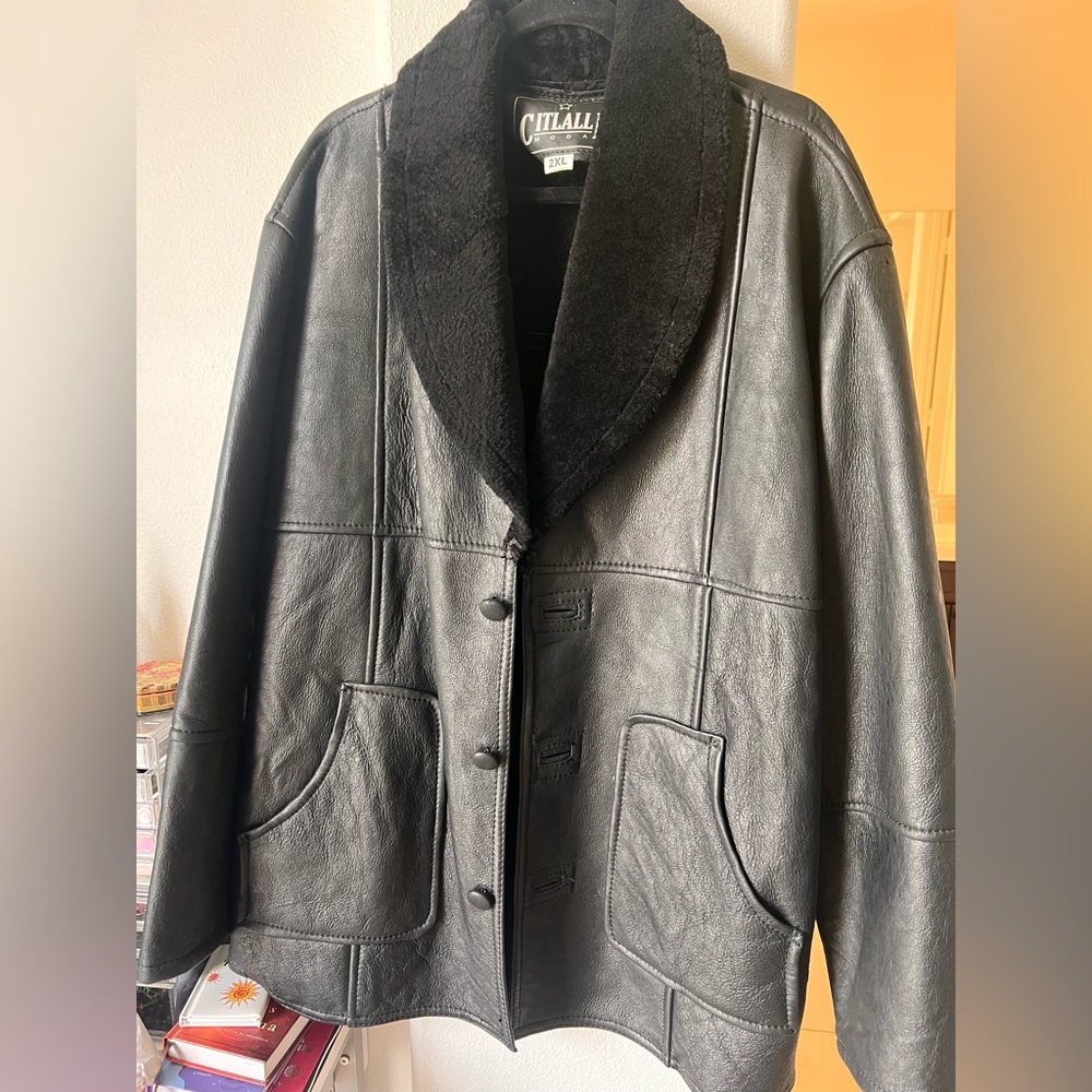 Black Leather Coat with Faux Fur Collar